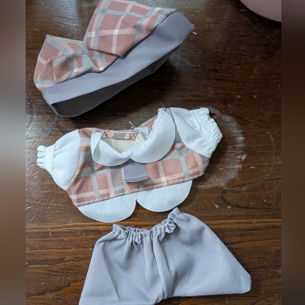 Plaid Pink and Gray Fuzzy Monster Bag Charm Outfit